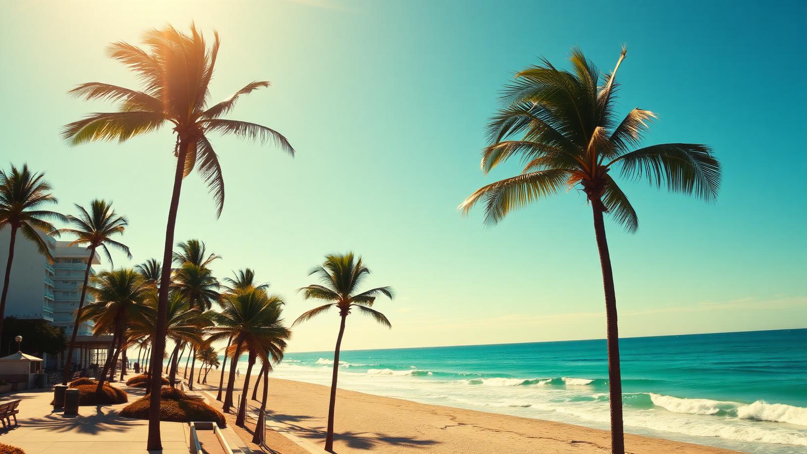 Palm trees along the Hollywood Beach boardwalk on a sunny South Florida afternoon